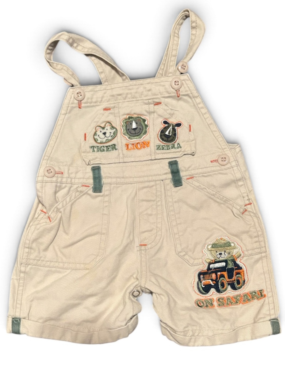 Vintage Kids Cream Short Overalls with Embroidered Patches